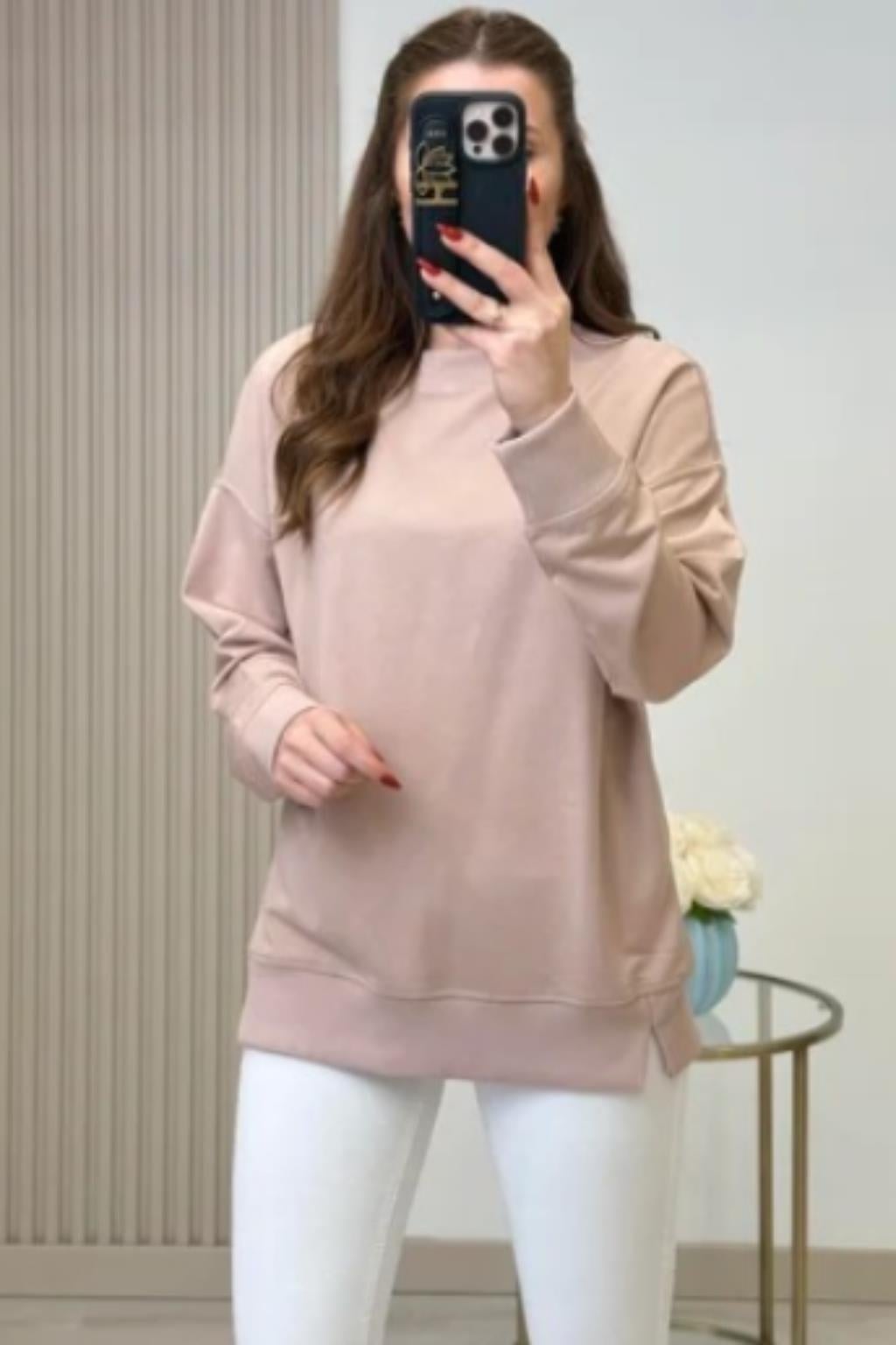 BEJ DÜŞÜK OMUZ UZUN KOL BASIC SWEATSHIRT