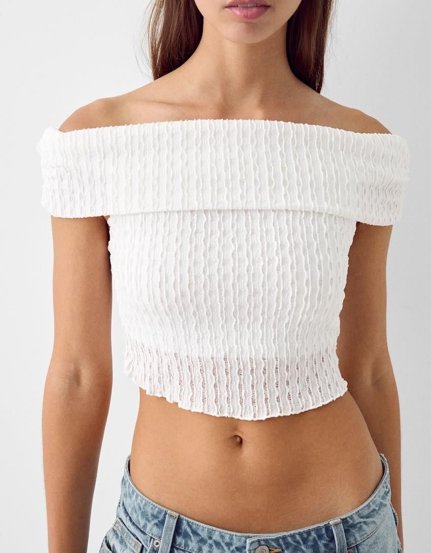 BRSHK ORJ BEYAZ STRAPLEZ CROP BODY ÖRME BLUZ