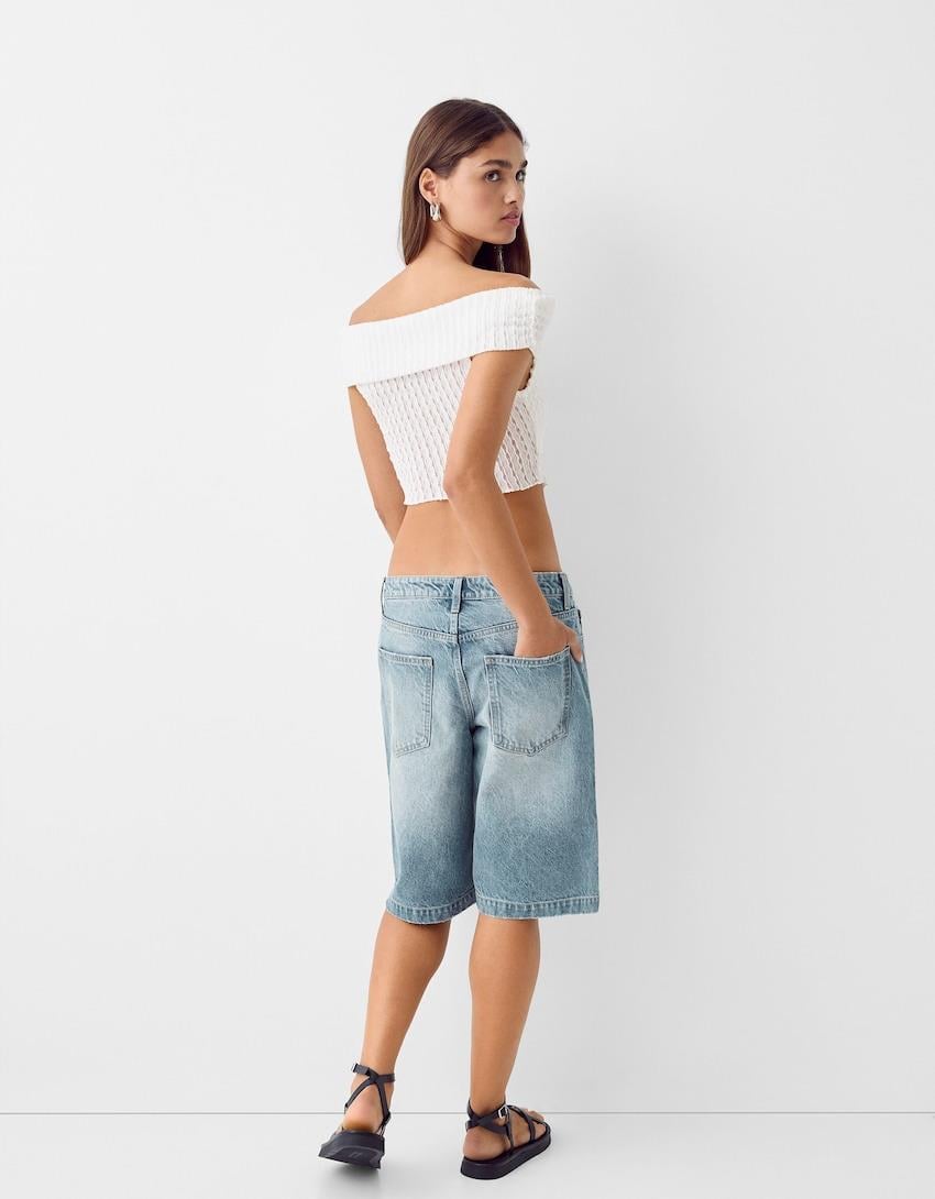 BRSHK ORJ BEYAZ STRAPLEZ CROP BODY ÖRME BLUZ