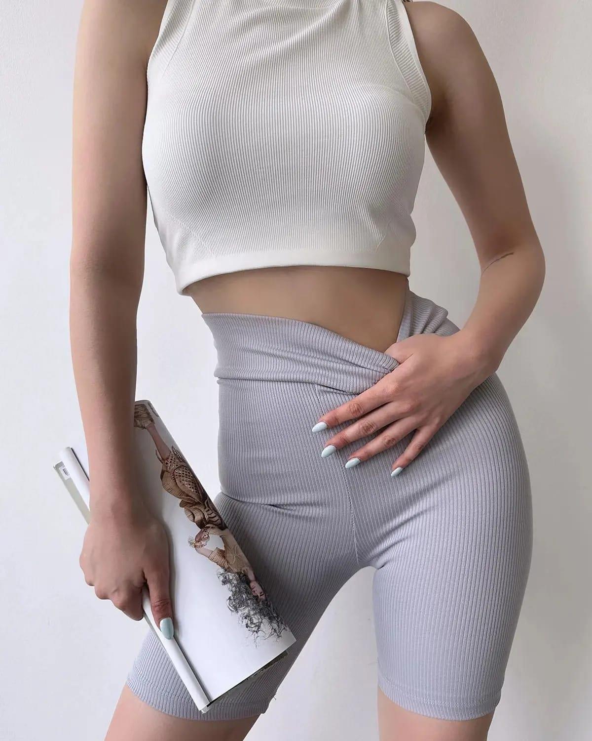 GLAMIFY ORJ GRİ FİTİLLİ BİKER YÜKSEK BEL ŞORT TAYT