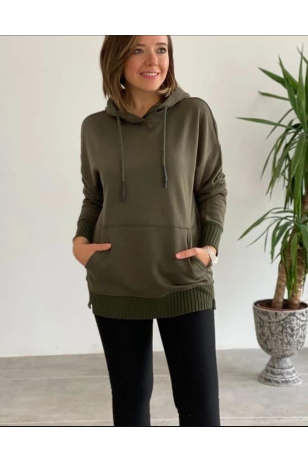 HAKİ UZUN KOL KAPÜŞONKU SWEATSHIRT