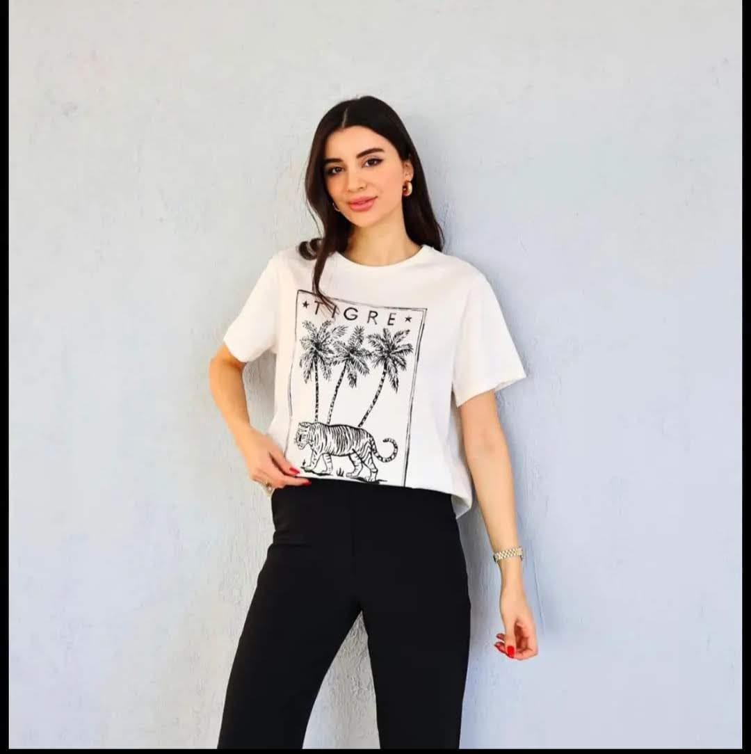 H&M ORJ EKRU BİSİKLET YAKA BASKILI T-SHIRT