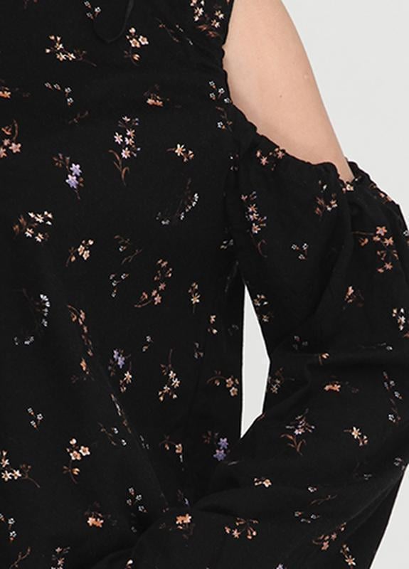 HM ORJ SİYAH ÇİÇEK DESENLİ UZUN KOLLU CUT OUT BLUZ