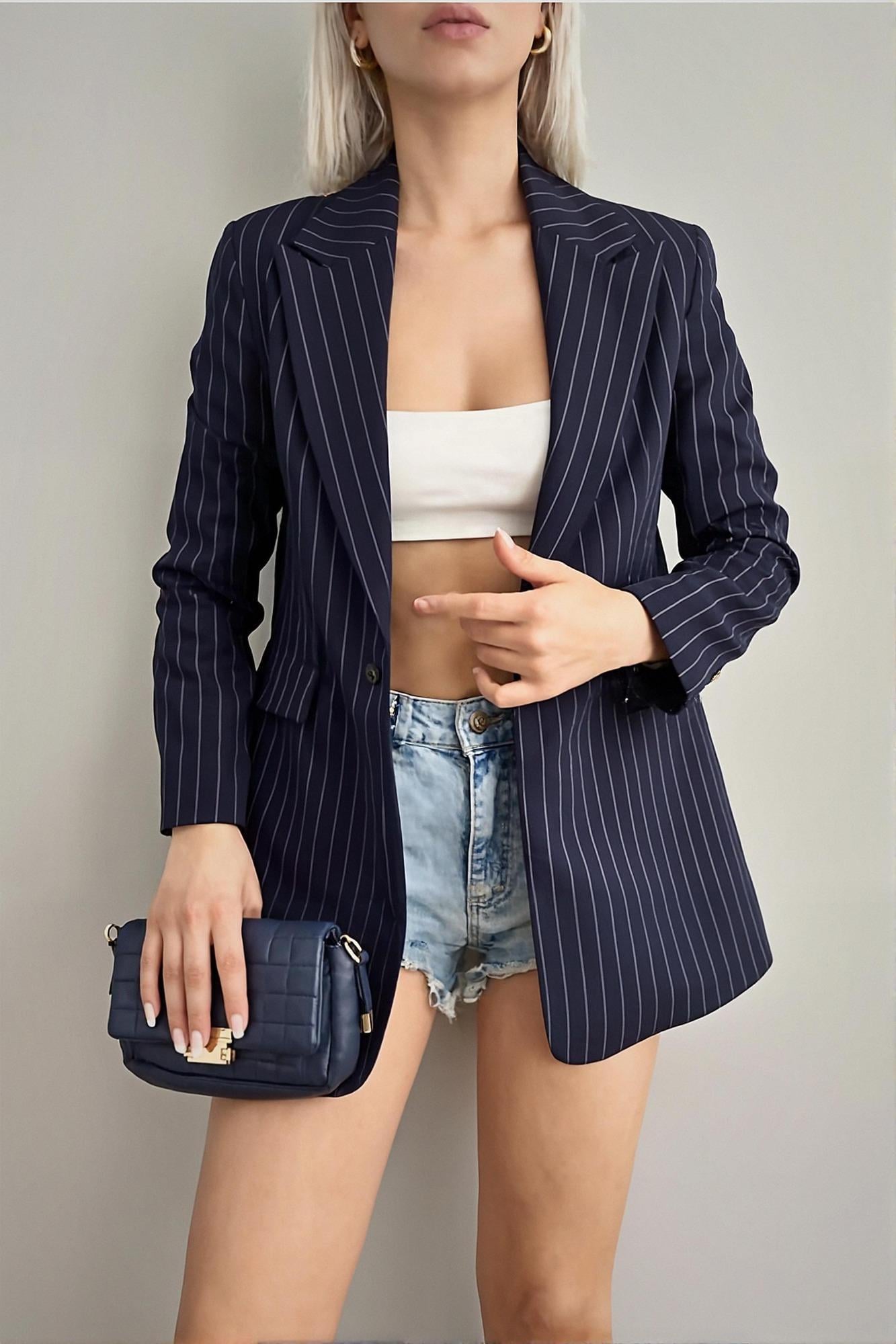 LACİVERT ÇİZGİLİ UZUN KOL BLAZER CEKET