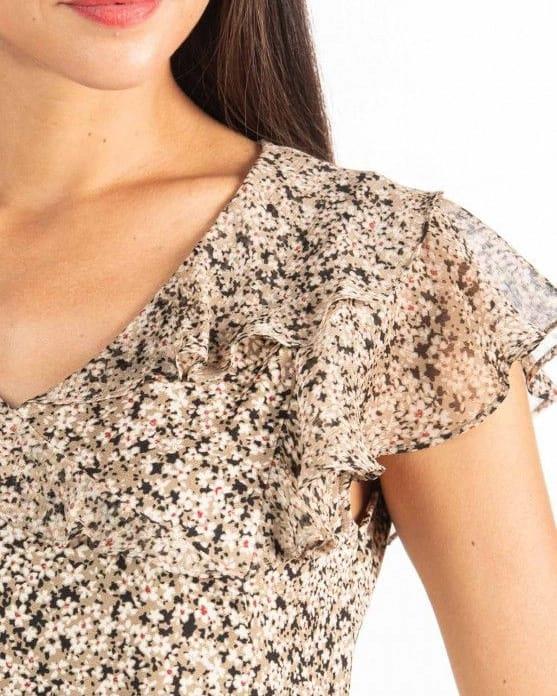 MABOUTIQUE ORJ BEJ ÇİÇEK DESENLİ KOLSUZ BLUZ