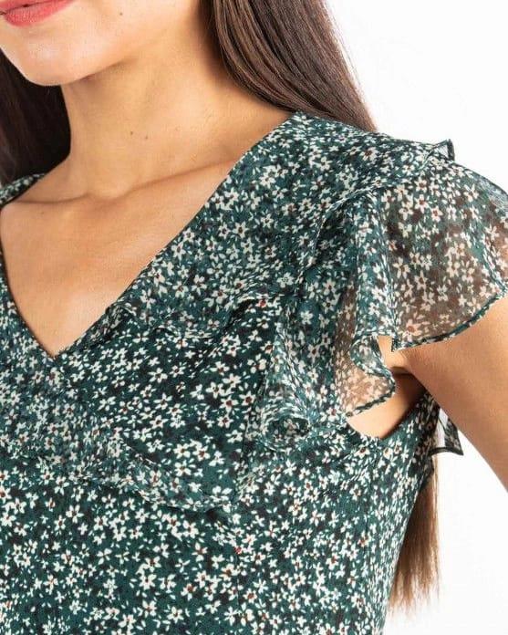 MABOUTIQUE ORJ YEŞİL ÇİÇEK DESENLİ KOLSUZ BLUZ