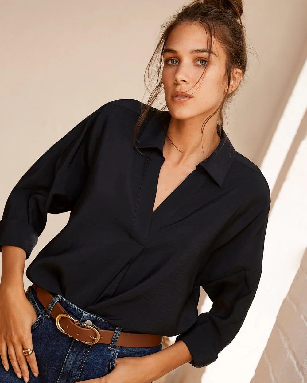 MINT VELVET ORJ LARCİVERT V YAKALI DÜĞMESİZ OVERSIZE BLUZ