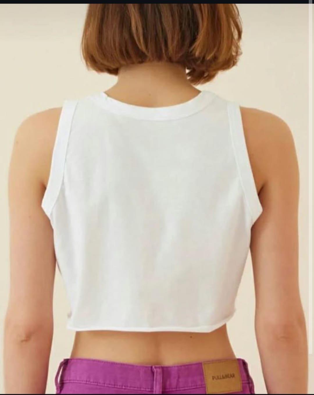NEW LOOK ORJ BEYAZ HALTER YAKA YAZI BASKILI CROP 