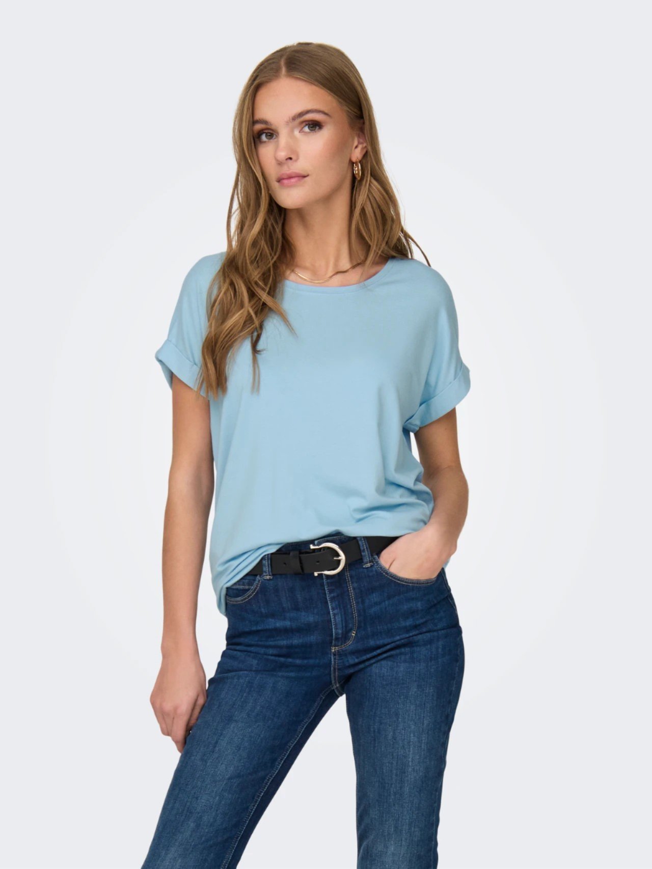 ONLY ORJ AÇIK MAVİ BİSİKLET YAKA BASIC T-SHIRT