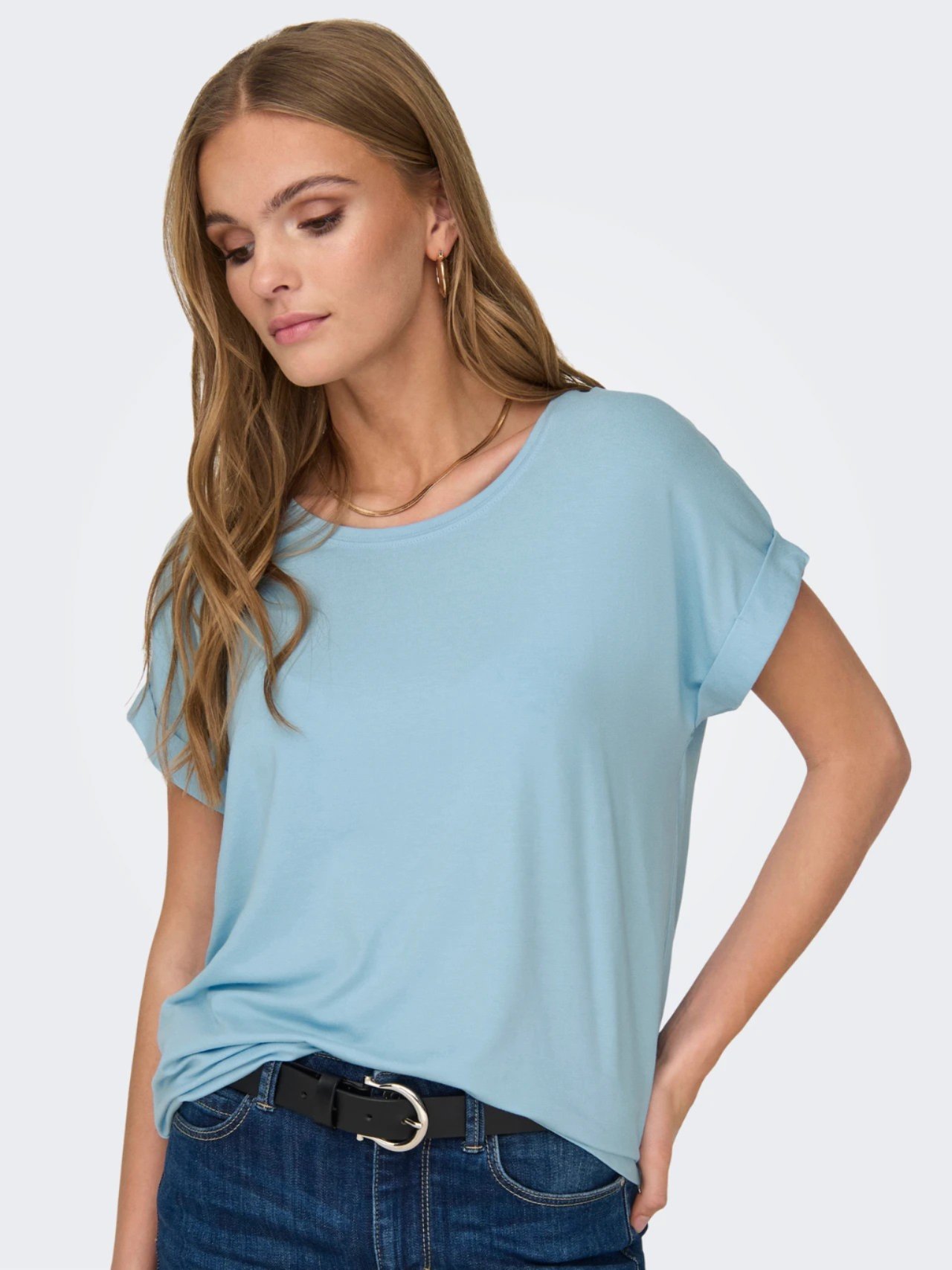 ONLY ORJ AÇIK MAVİ BİSİKLET YAKA BASIC T-SHIRT