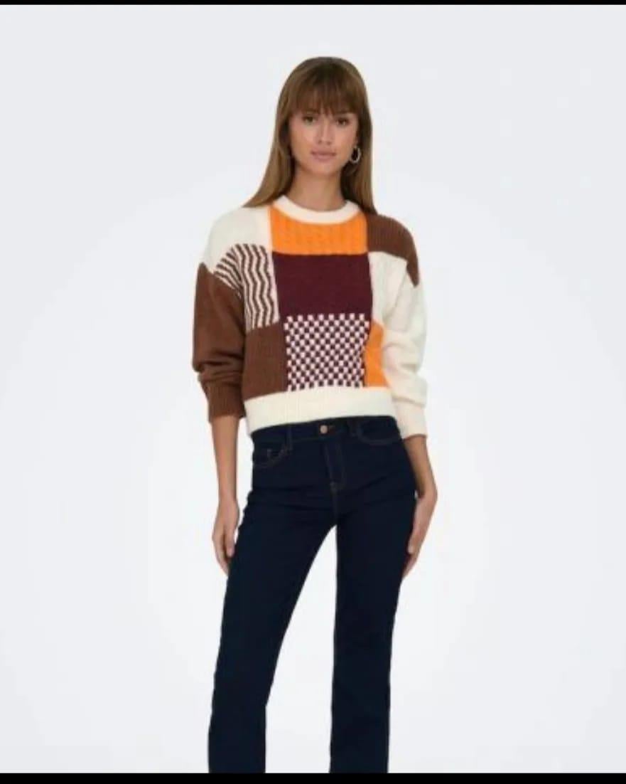 ONLY ORJ KISA RENKLİ BLOCK O-NECK  KAZAK