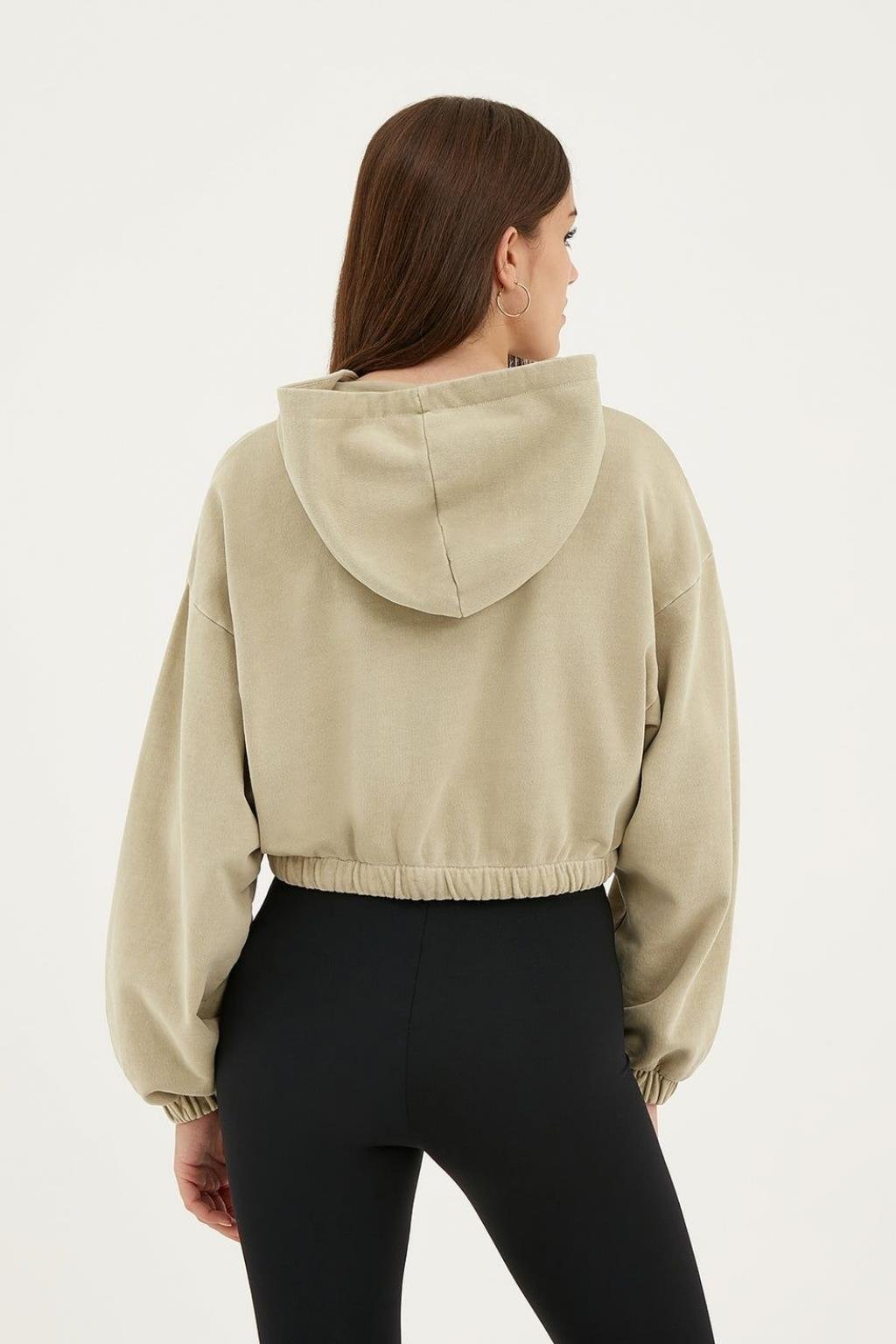 ORJ MARKA BEJ CROP KAPÜŞONLU SWEATSHIRT