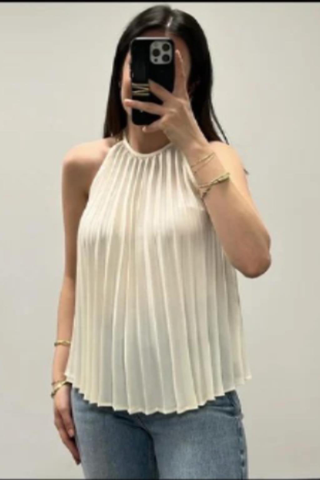 ORJ MARKA EKRU HALTER YAKA PİLİSELİ KOLSUZ BLUZ