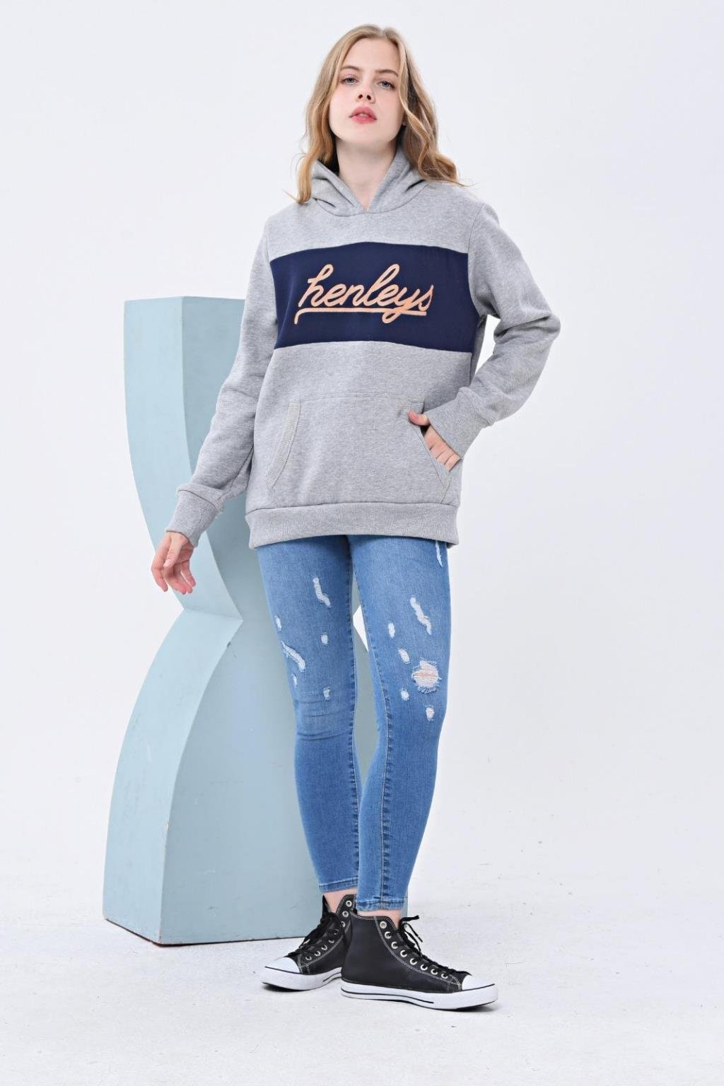 ORJ MARKA GRİ LACİVERT PANOLU BASKILI SWEATSHIRT