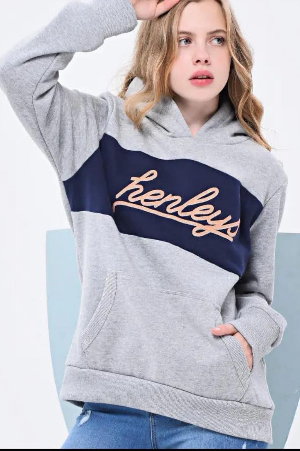ORJ MARKA GRİ LACİVERT PANOLU BASKILI SWEATSHIRT