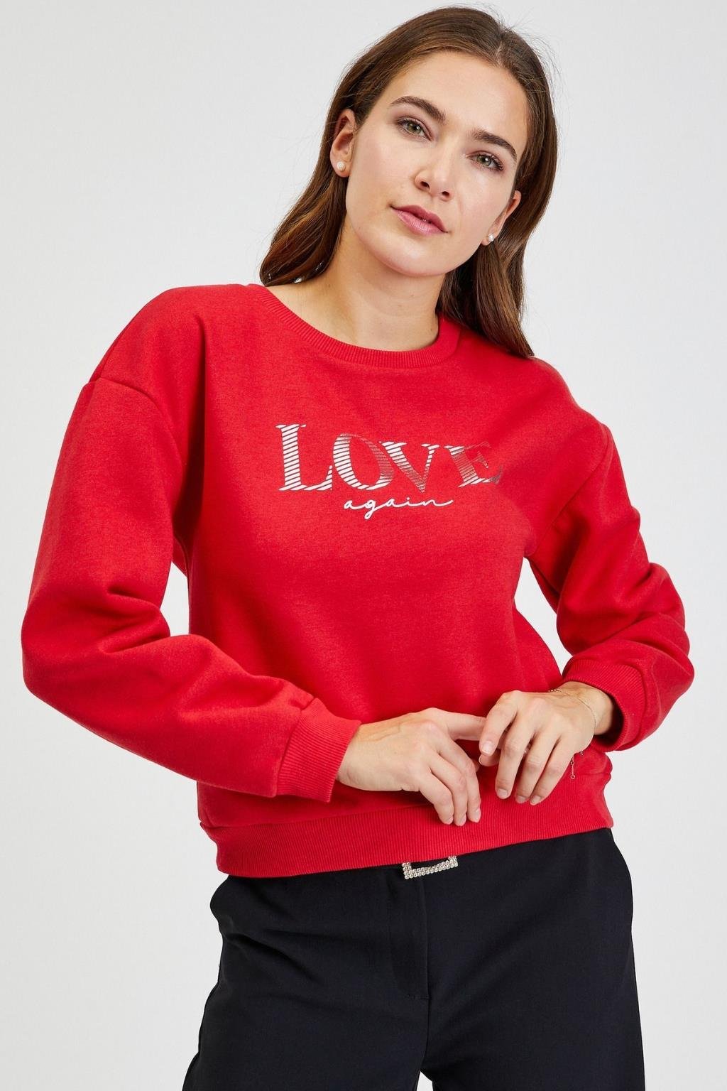 ORJ MARKA KIRMIZI FORFORLU LOVE BİSİKLET YAKA KISA SWEATSHIRT