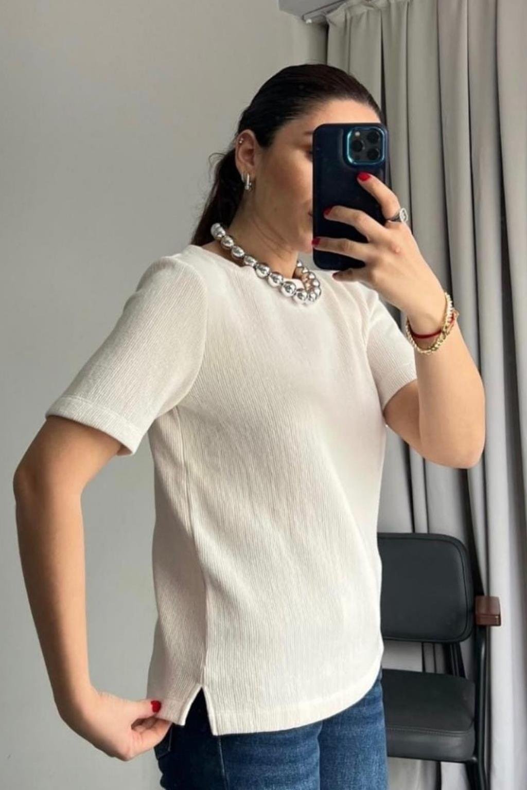 ORJ MARKA KREM BİSİKLET YAKA ÖRME T-SHIRT