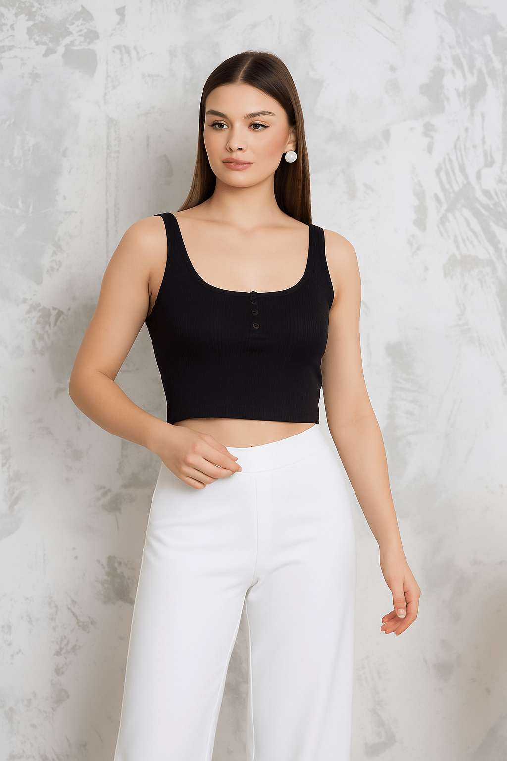ORJ MARKA SİYAH DÜĞMELİ KALIN ASKILI CROP BODY ATLET