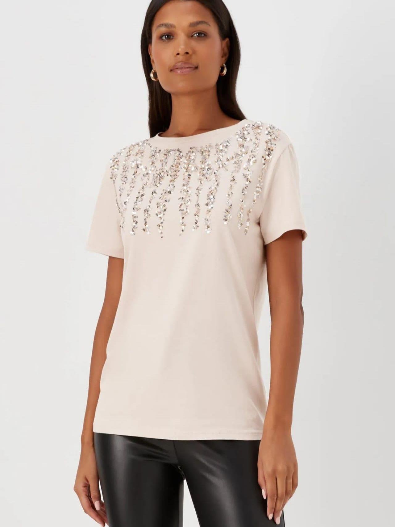 PAPAYA ORJ EKRU PUL İŞLEMELİ T-SHIRT