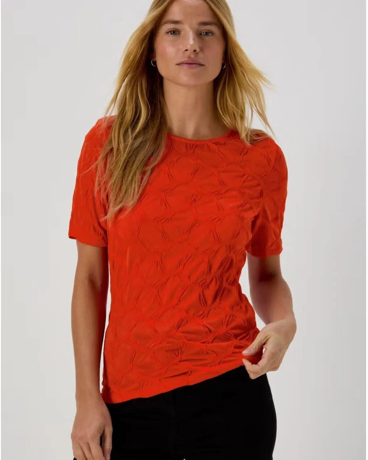 PAPAYA ORJ KIRMIZI BİSİKLET YAKA DOKULU FİT T-SHIRT