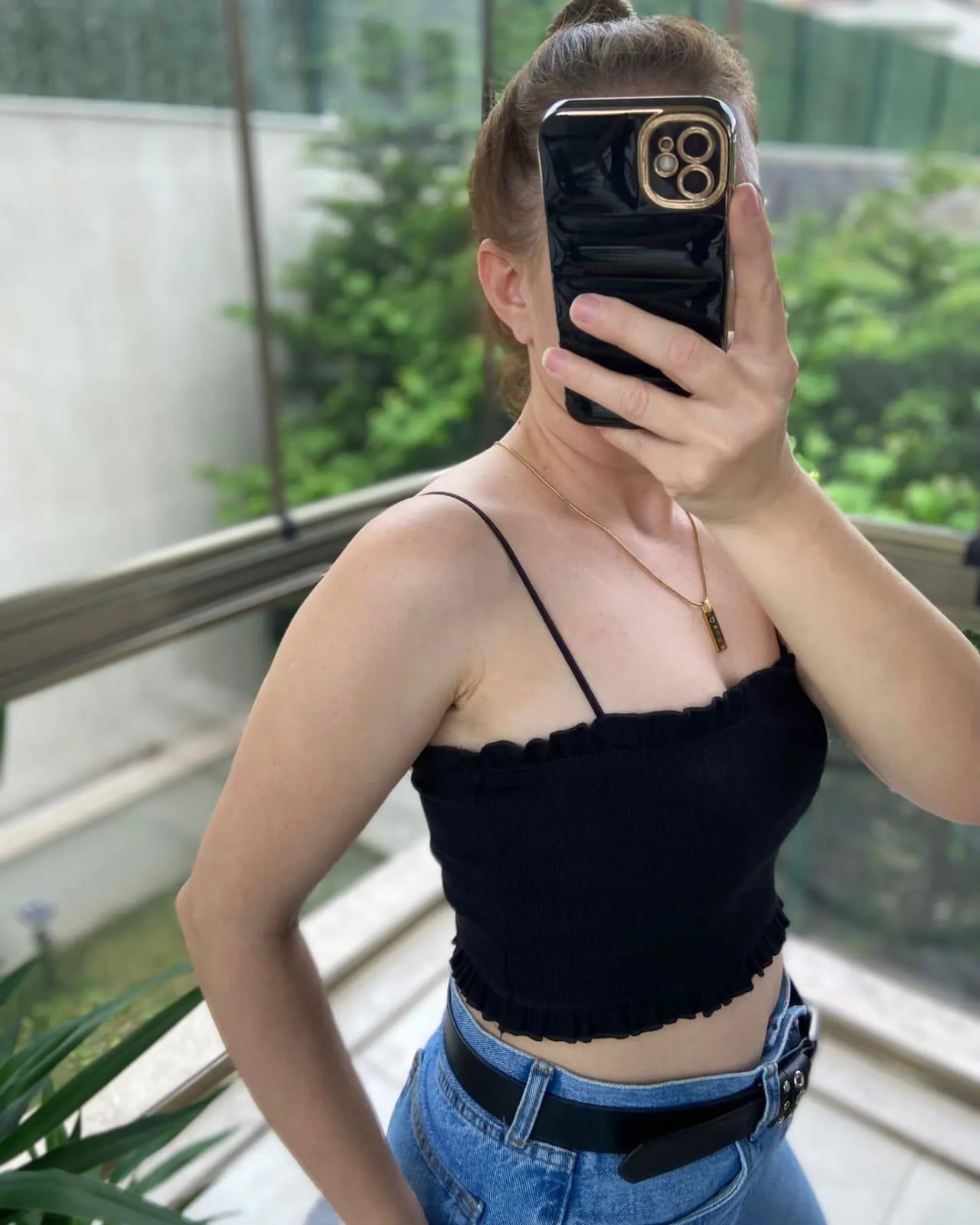 RESERVED ORJ SİYAH FIRFIRLI İP ASKILI CROP BODY