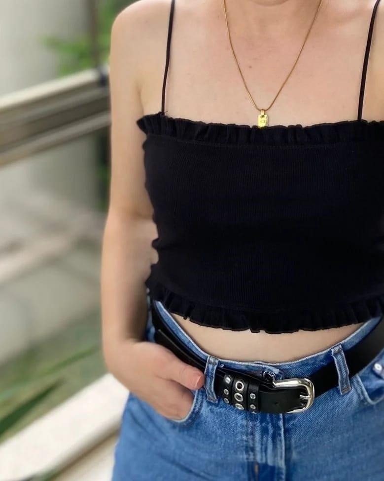 RESERVED ORJ SİYAH FIRFIRLI İP ASKILI CROP BODY