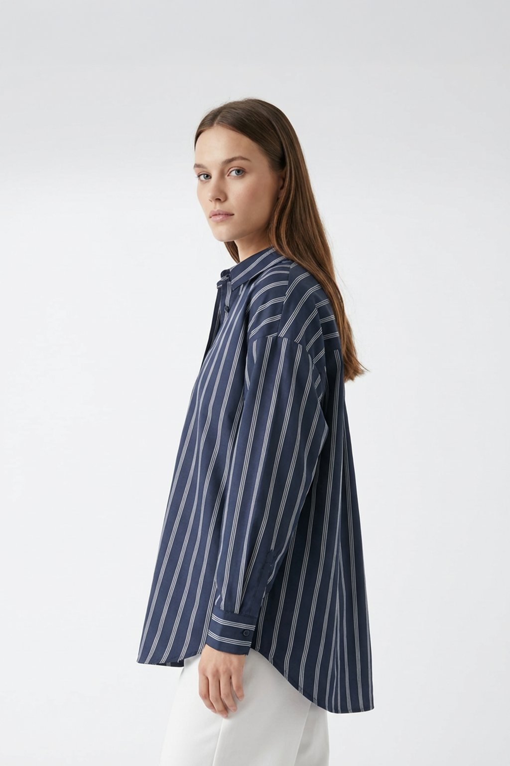 RİGALA ÇİZGİLİ LACİVERT OVERSIZE GÖMLEK