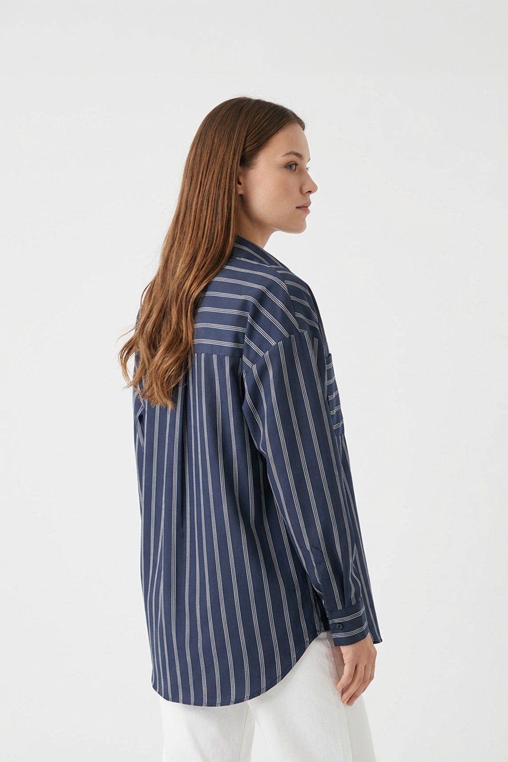RİGALA ÇİZGİLİ LACİVERT OVERSIZE GÖMLEK