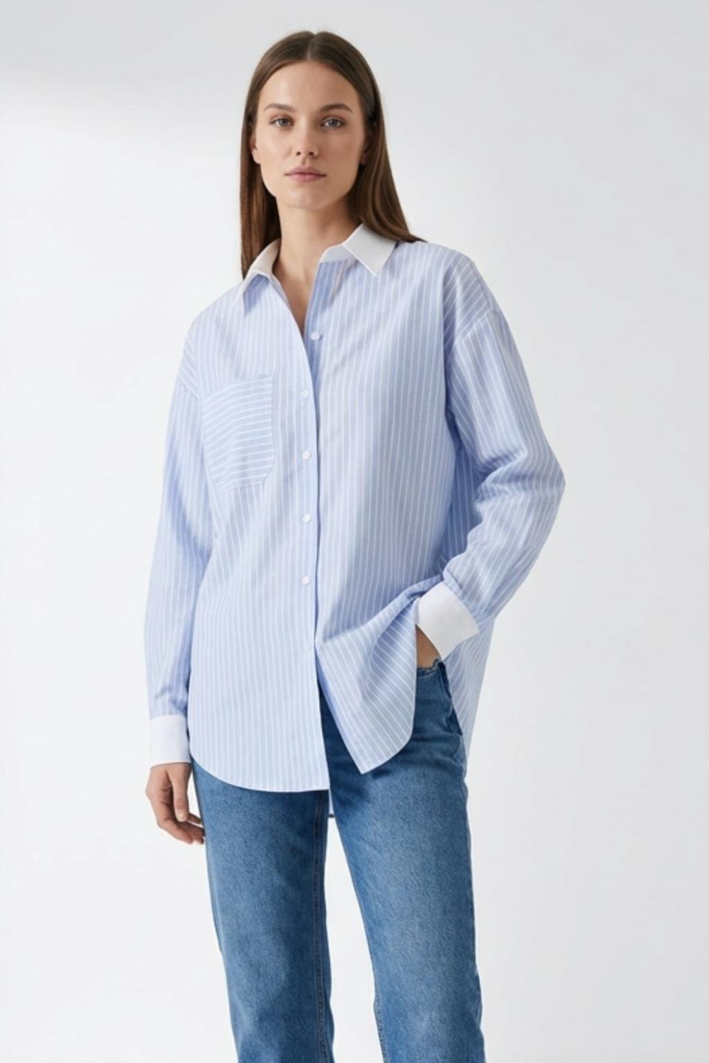 RİGALA ÇİZGİLİ MAVİ OVERSIZE GÖMLEK
