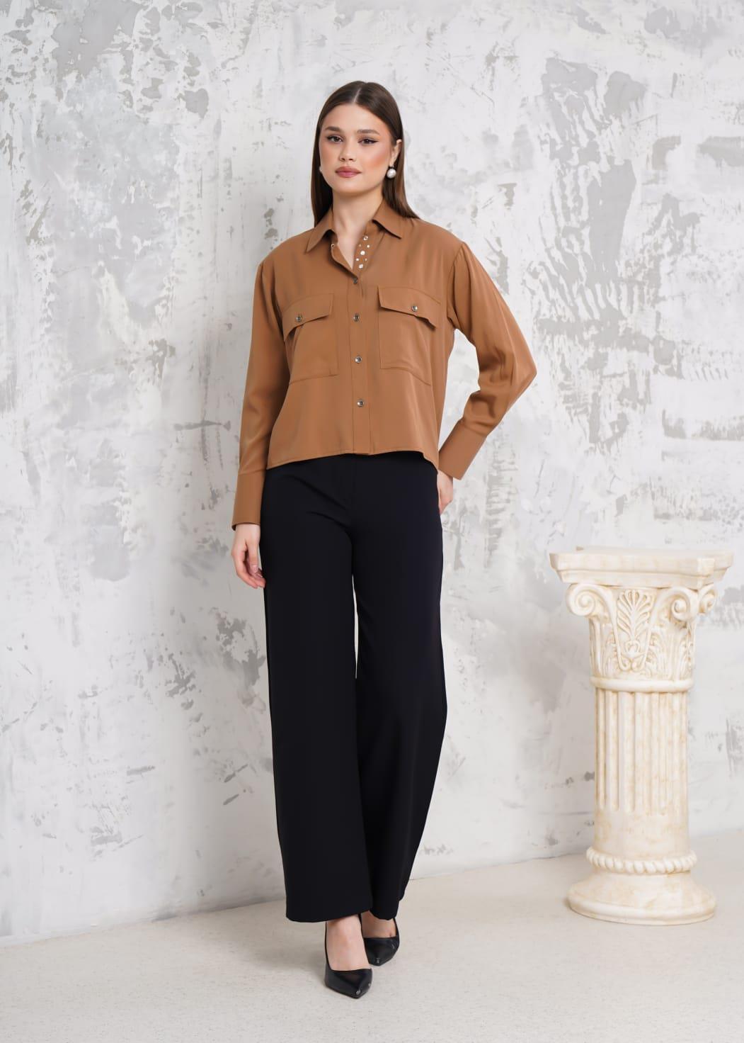 RİGALA DEVE TÜYÜ ÇİFT CEP KAPAKLI UZUN KOLLU KISA OVERSIZE TENCEL GÖMLEK