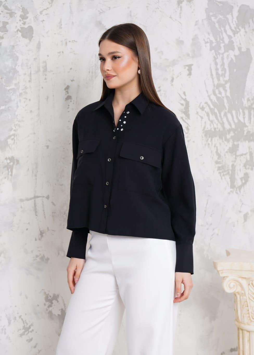 RİGALA SİYAH ÇİFT CEP KAPAKLI UZUN KOLLU KISA OVERSIZE TENCEL GÖMLEK