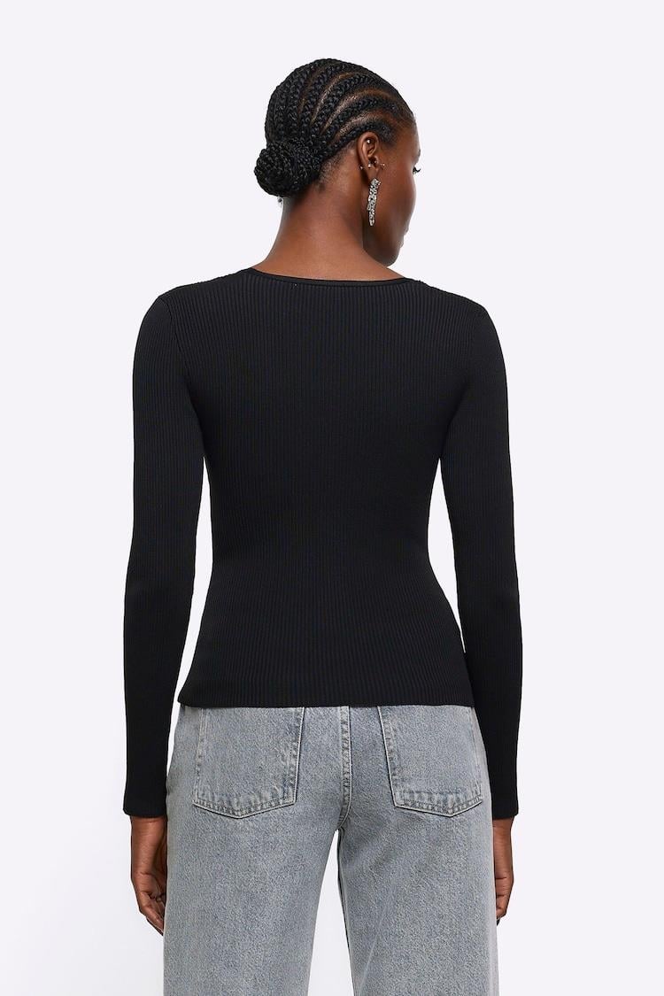 RIVER ISLAND LONDON ORJ SİYAH ÇELİK ÖRGÜ ÖNÜ DÜĞÜMLÜ SİYAH BLUZ