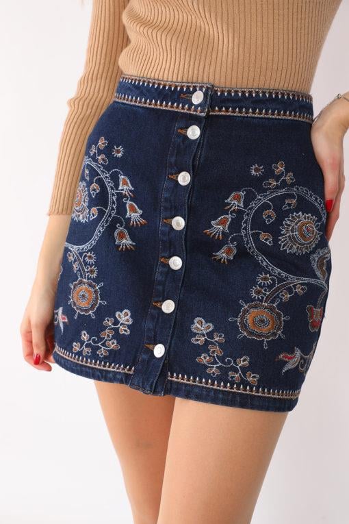 STRADIVARIUS ORJ MAVİ NAKIŞLI DENİM MİNİ ETEK