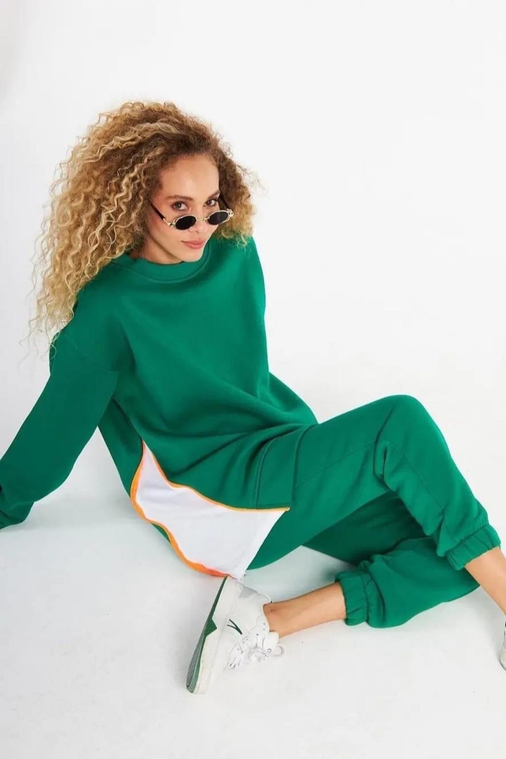 YEŞİL DÜŞÜK UZUN KOL OVERSİZE SWEATSHIRT