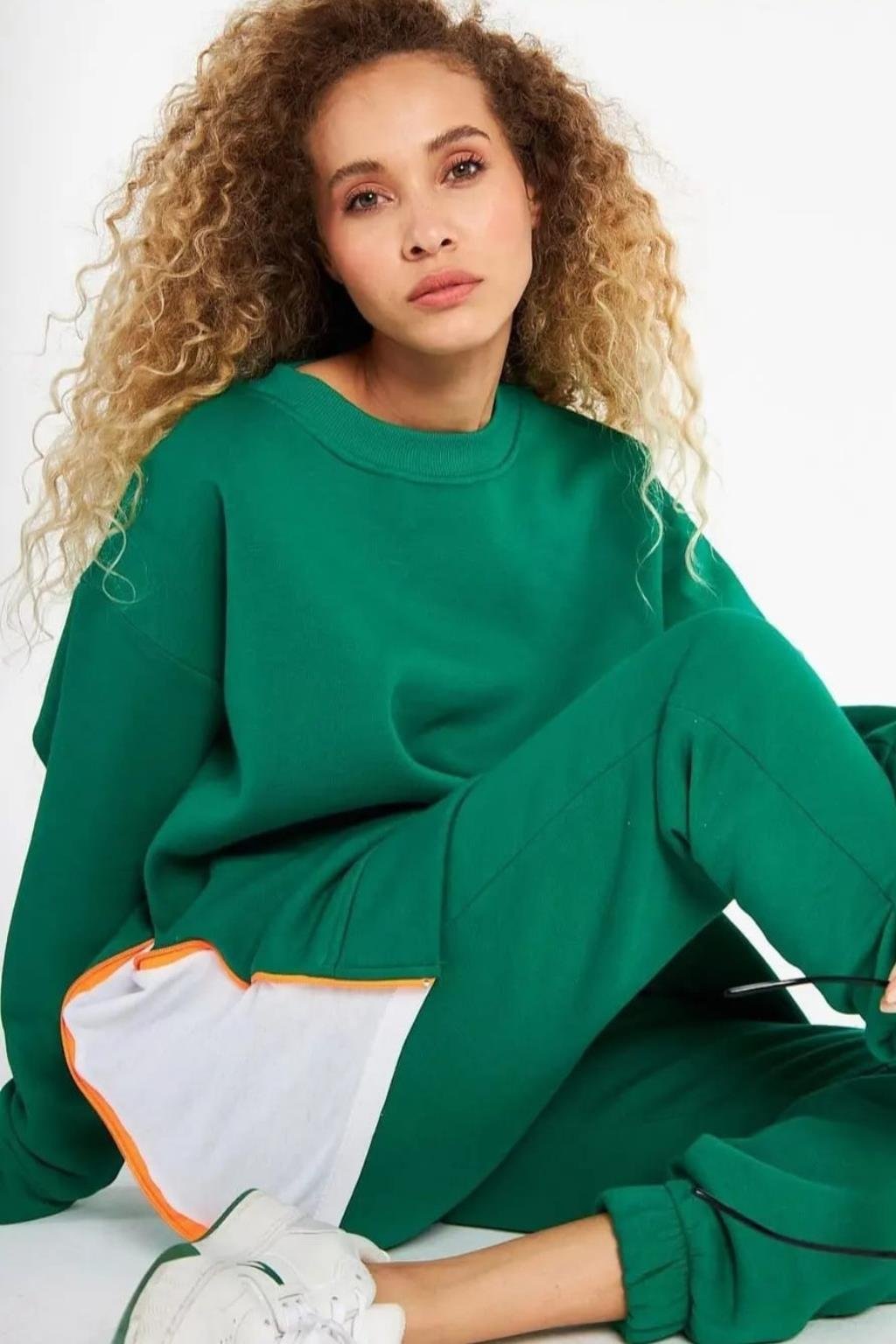 YEŞİL DÜŞÜK UZUN KOL OVERSİZE SWEATSHIRT