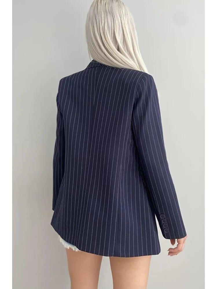 ZR MODEL LACİVERT ÇİZGİLİ UZUN KOLLU BLAZER CEKET