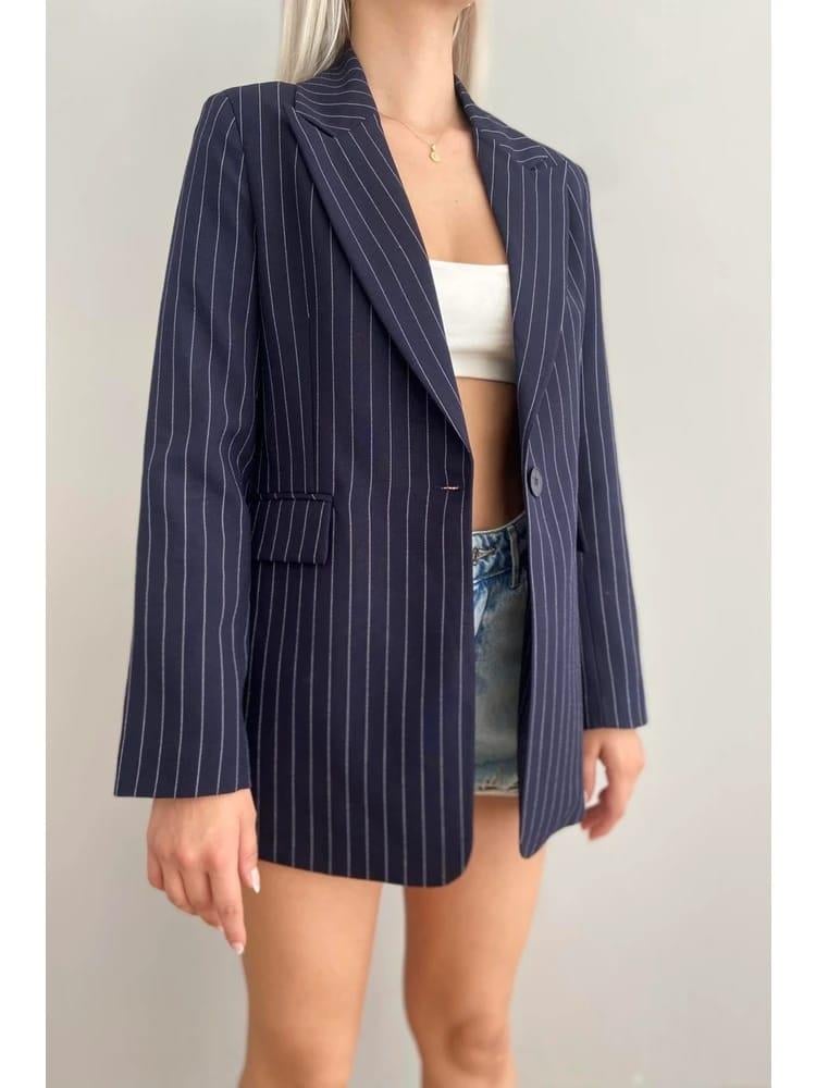 ZR MODEL LACİVERT ÇİZGİLİ UZUN KOLLU BLAZER CEKET