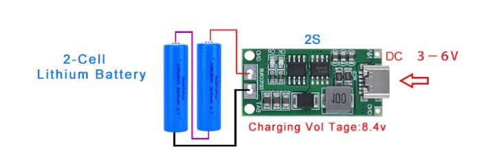 2S 2A Type-C Çok Hücreli 18650 Lityum Pil Şarj Modülü (8.4V / 12.6V / 16.8V)