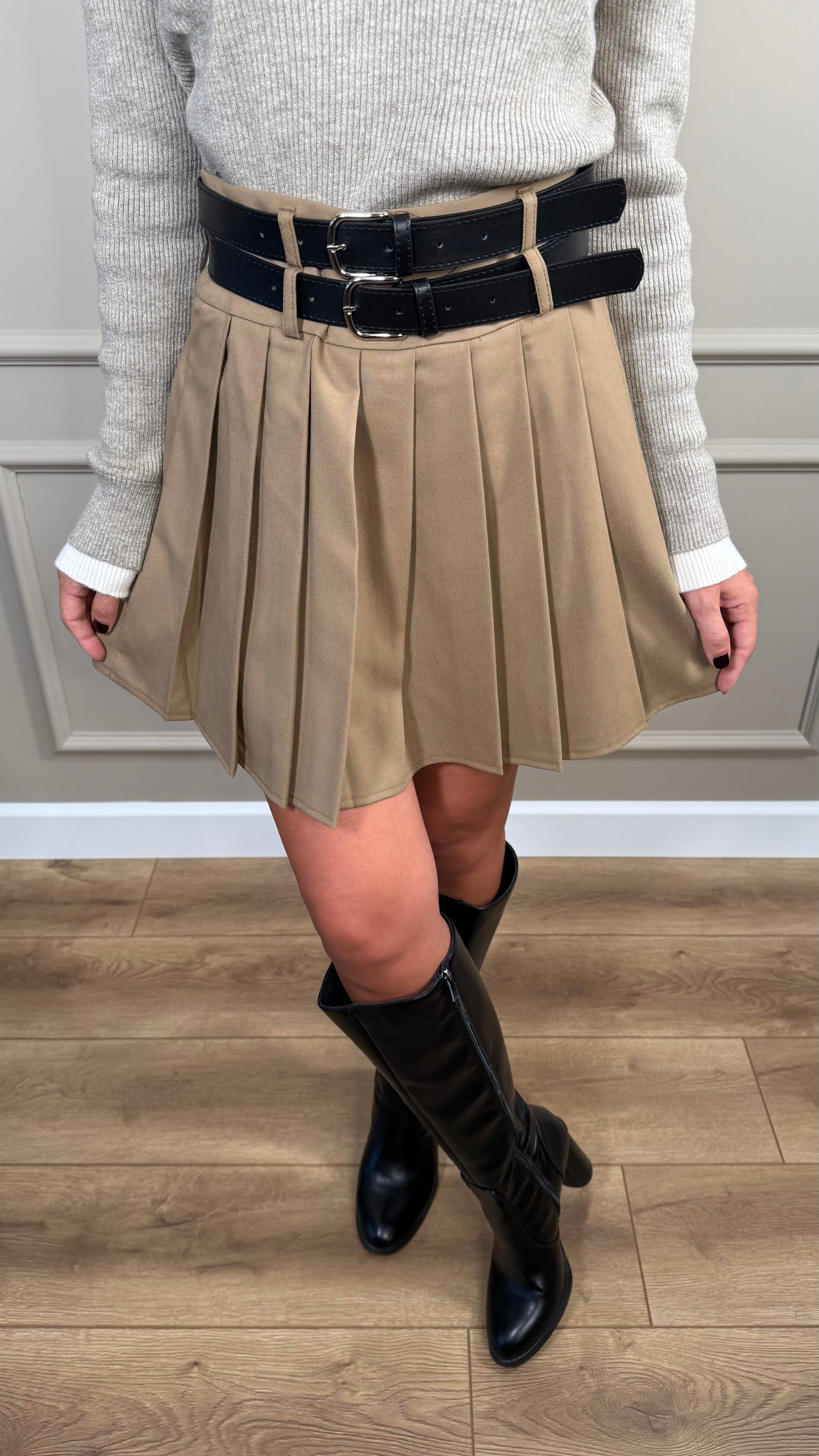 KARAMEL ÇİFT KEMERLİ ETEK