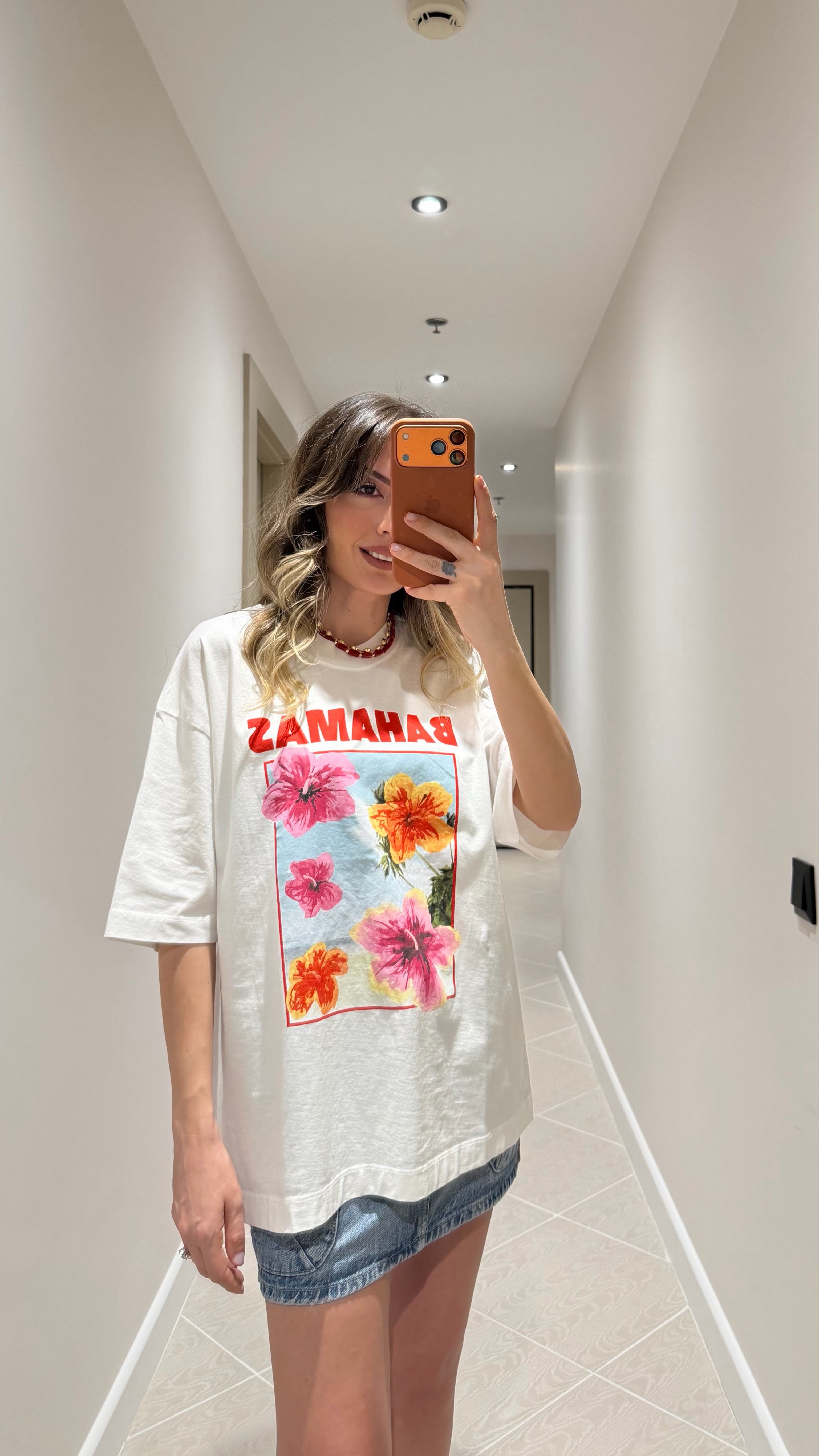 KREM BAHAMAS BASKILI TİŞÖRT