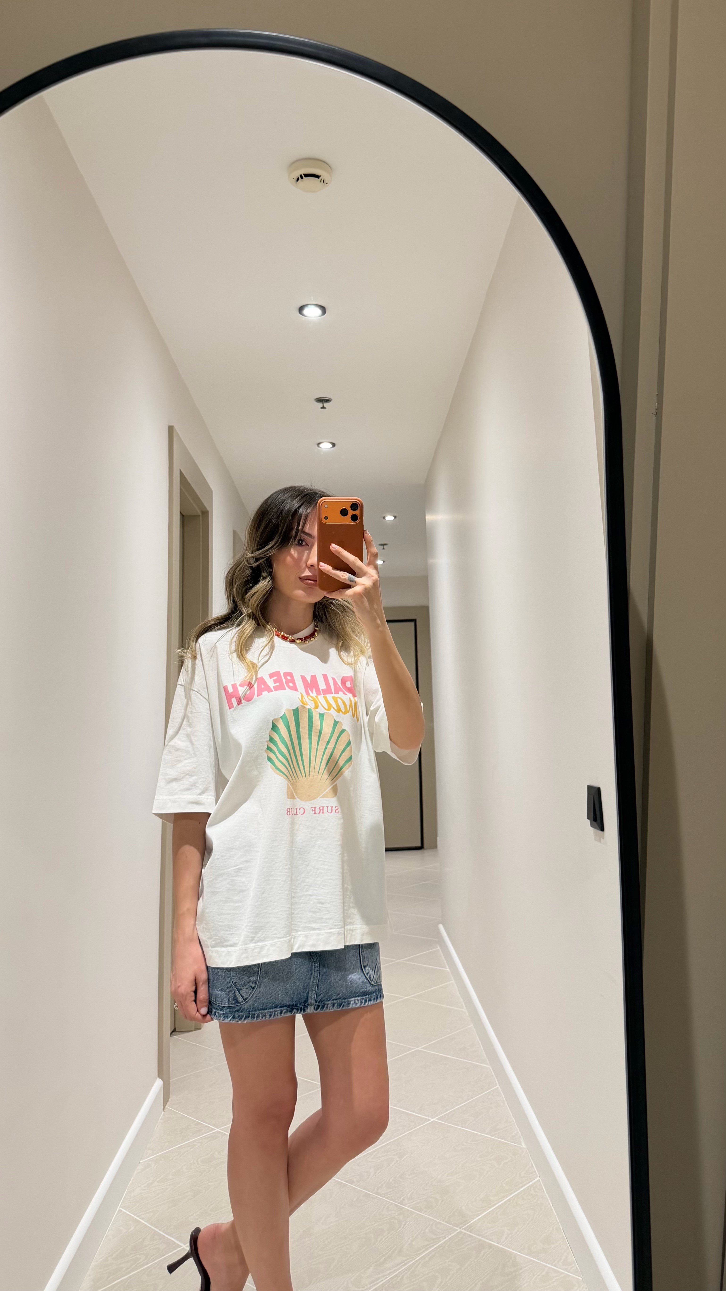 KREM PALM BEACH BASKILI TİŞÖRT