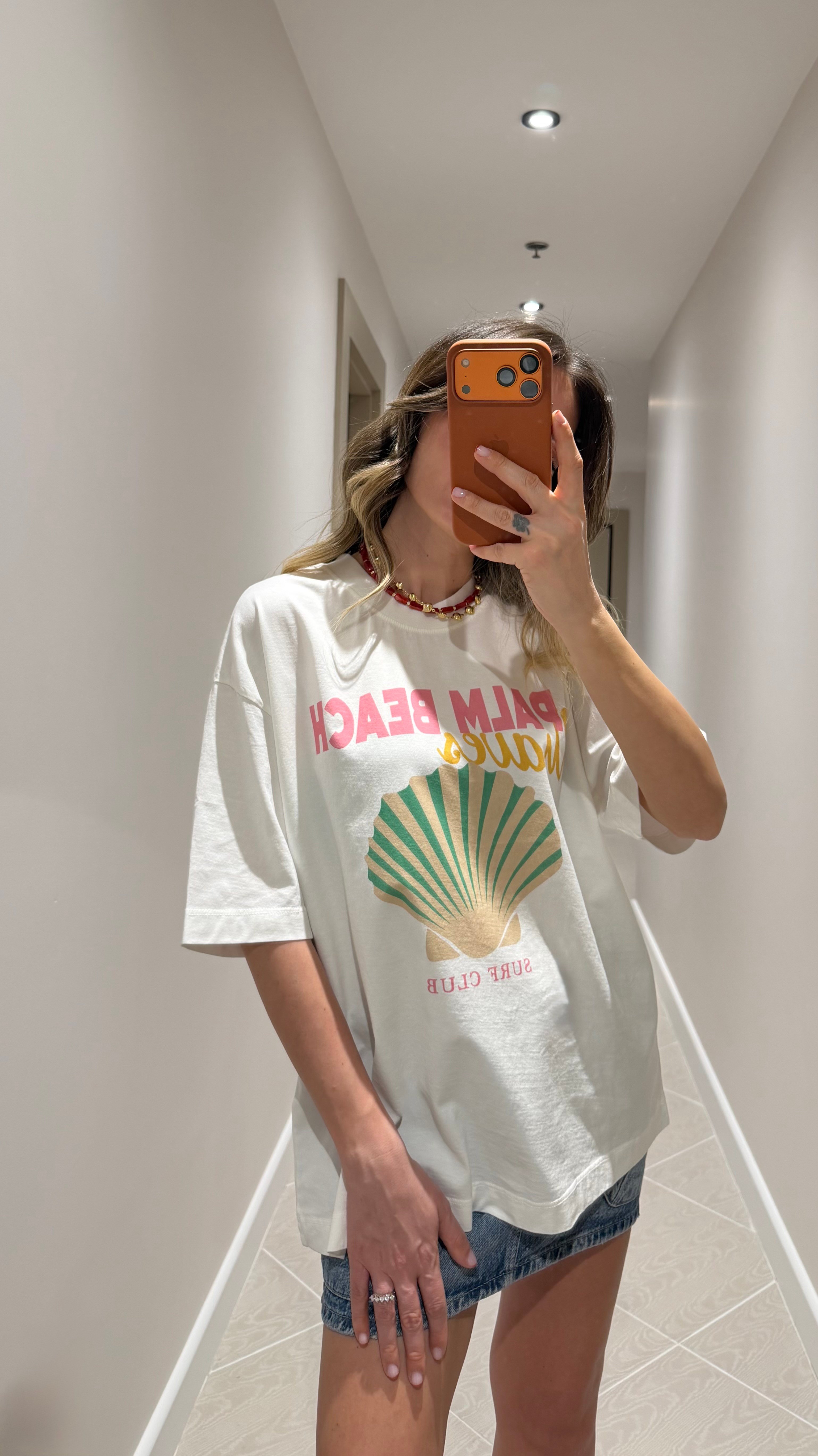 KREM PALM BEACH BASKILI TİŞÖRT