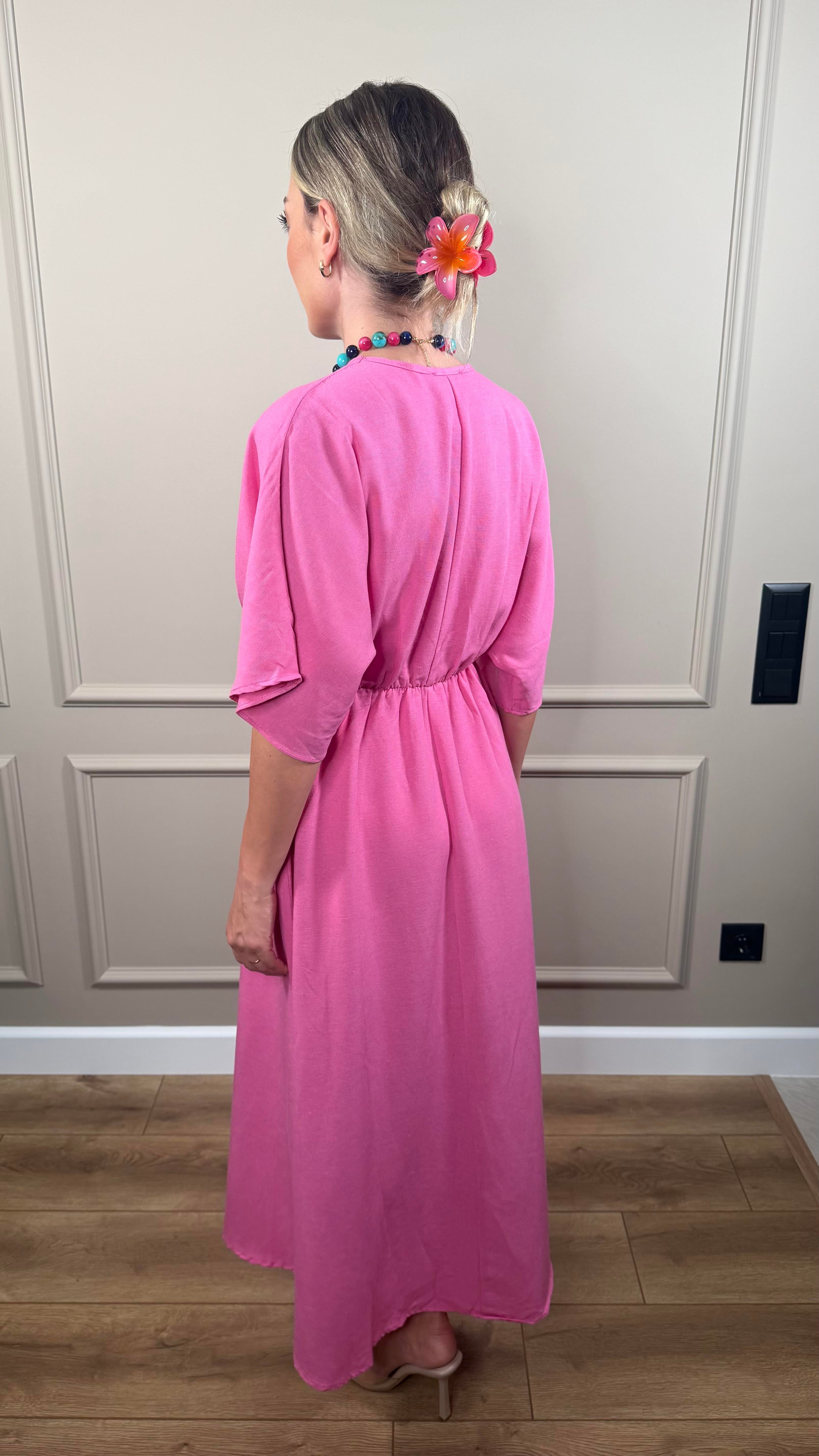 PEMBE KRUVAZE UZUN ELBİSE