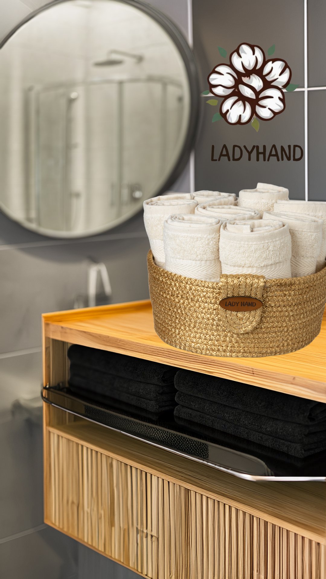 LADYHANDJÜT İP EL YAPIMI SEPET SETİ 5 ADET MİNİ EL HAVLUSU İLE