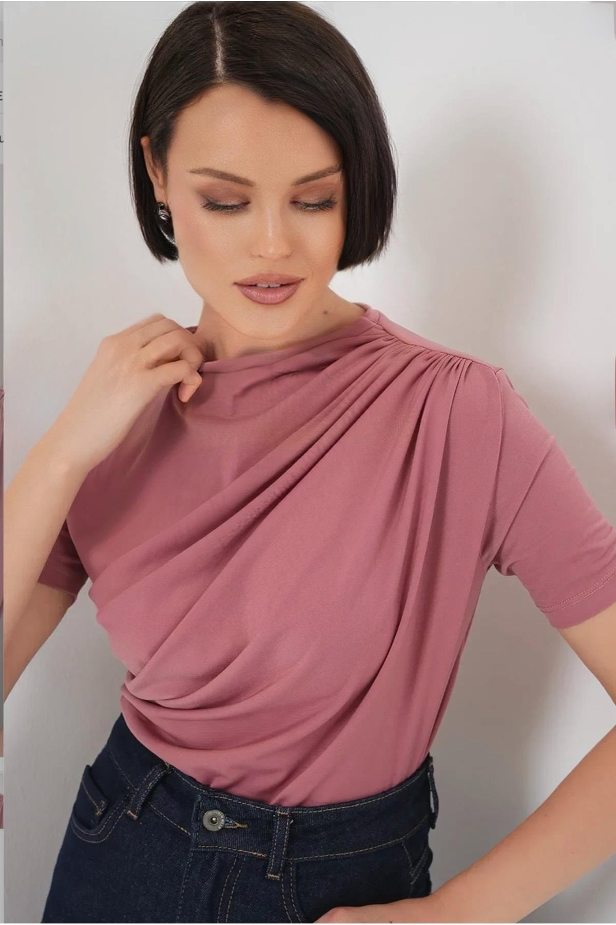 Kadın Pembe Sandy Kısa Kol Drapeli Büzgülü Bluz