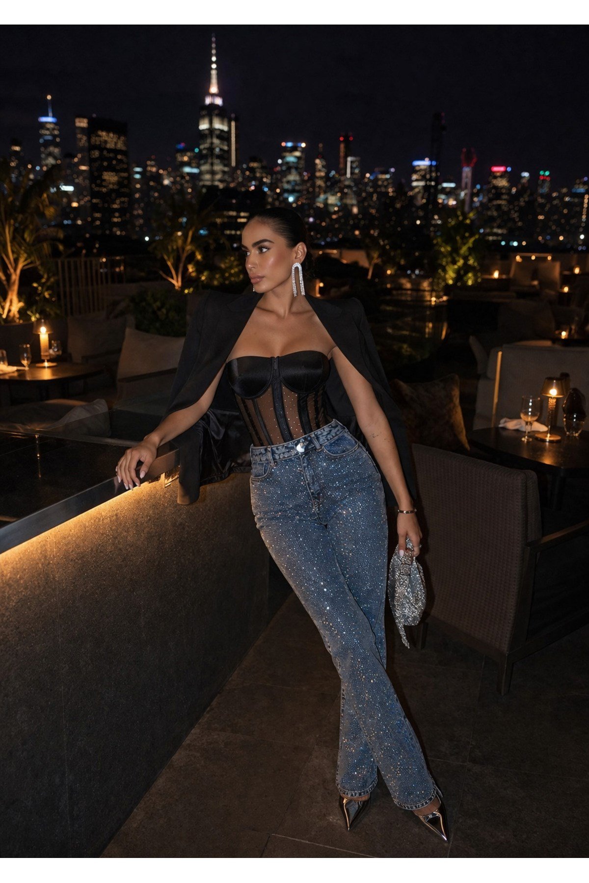 Kadın Taşlı Yüksek Bel Straight Fit Kar Yıkama Trend Tasarım Jean