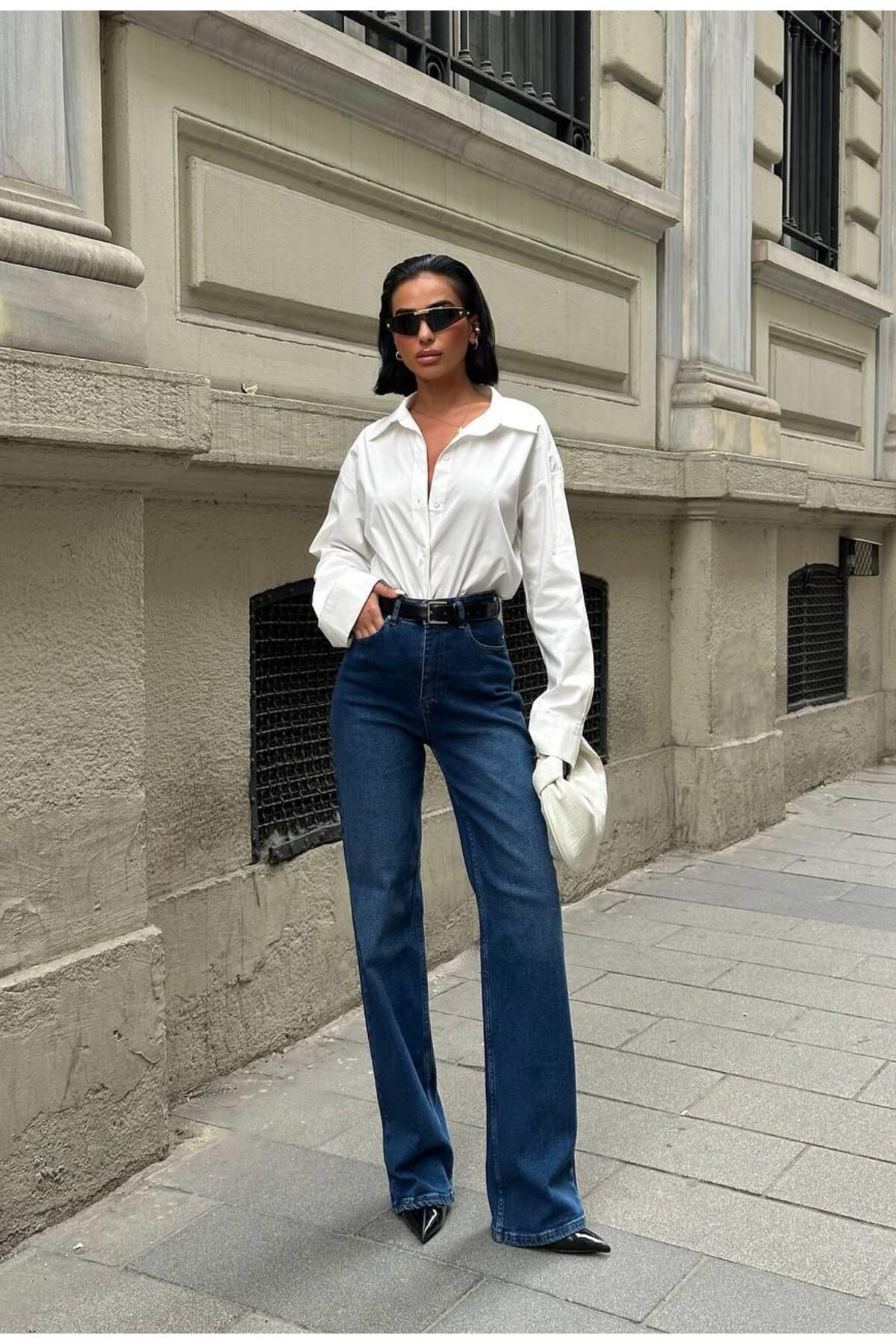 Kadın Yüksek Bel Lacivert Regular Palazzo Jean Pantolon