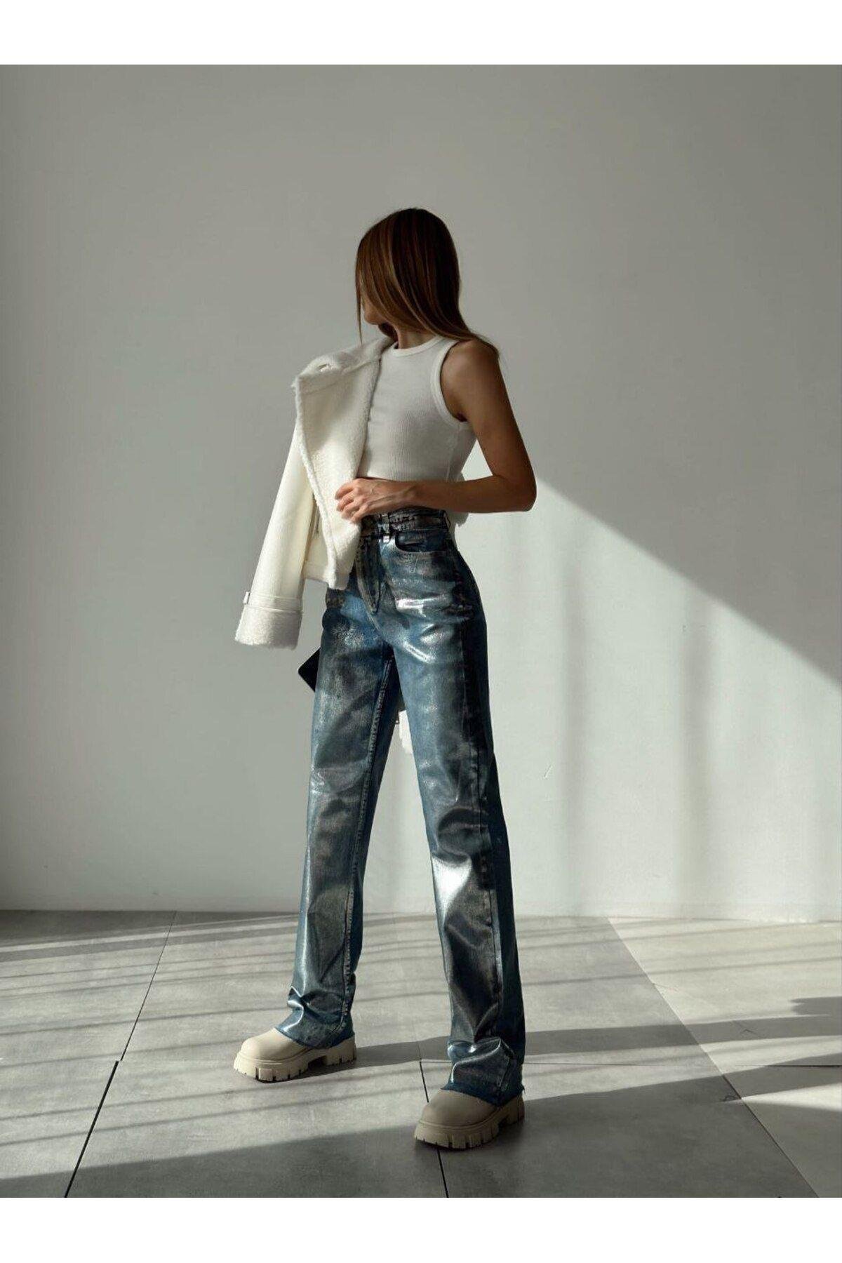 Mavi Gümüş Metalik Parlak Wide Leg Kaplama Jean