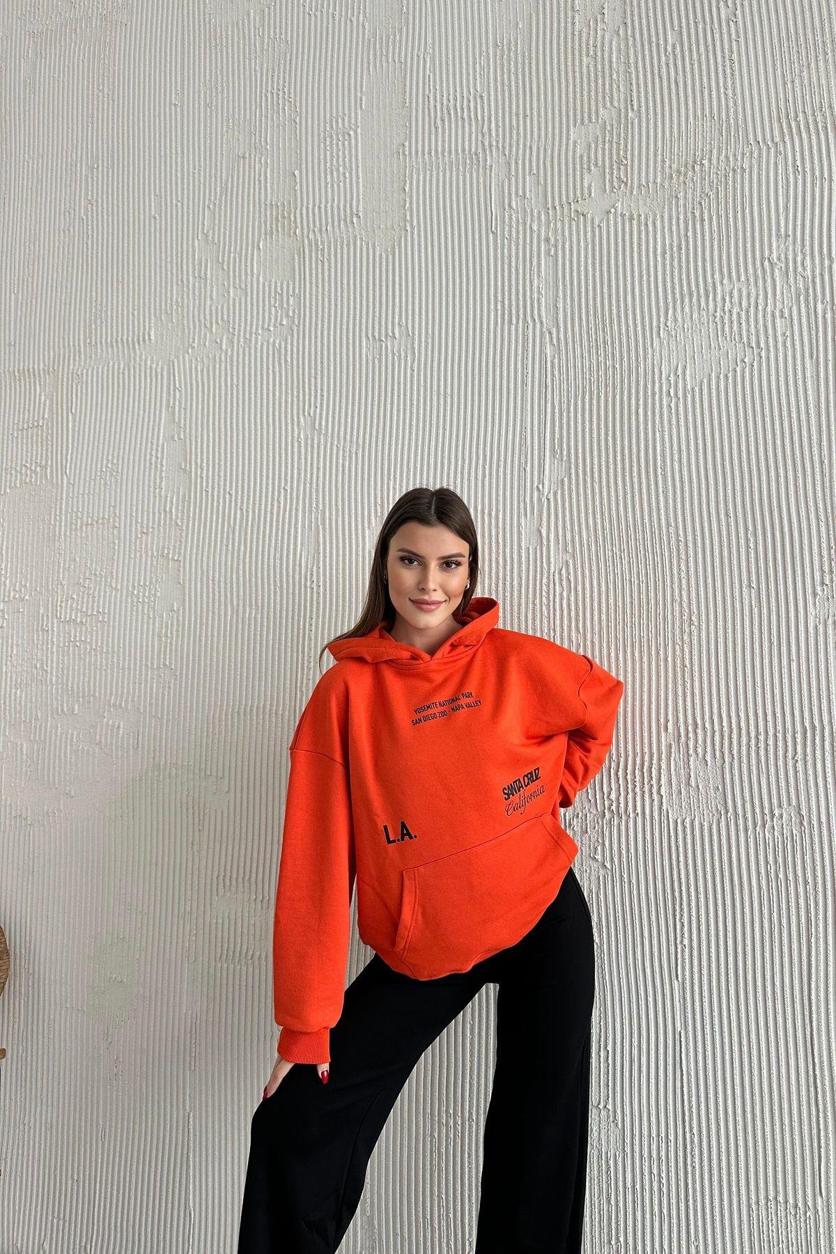 Oversize Kapüşonlu Baskılı Siyah Sweatshirt