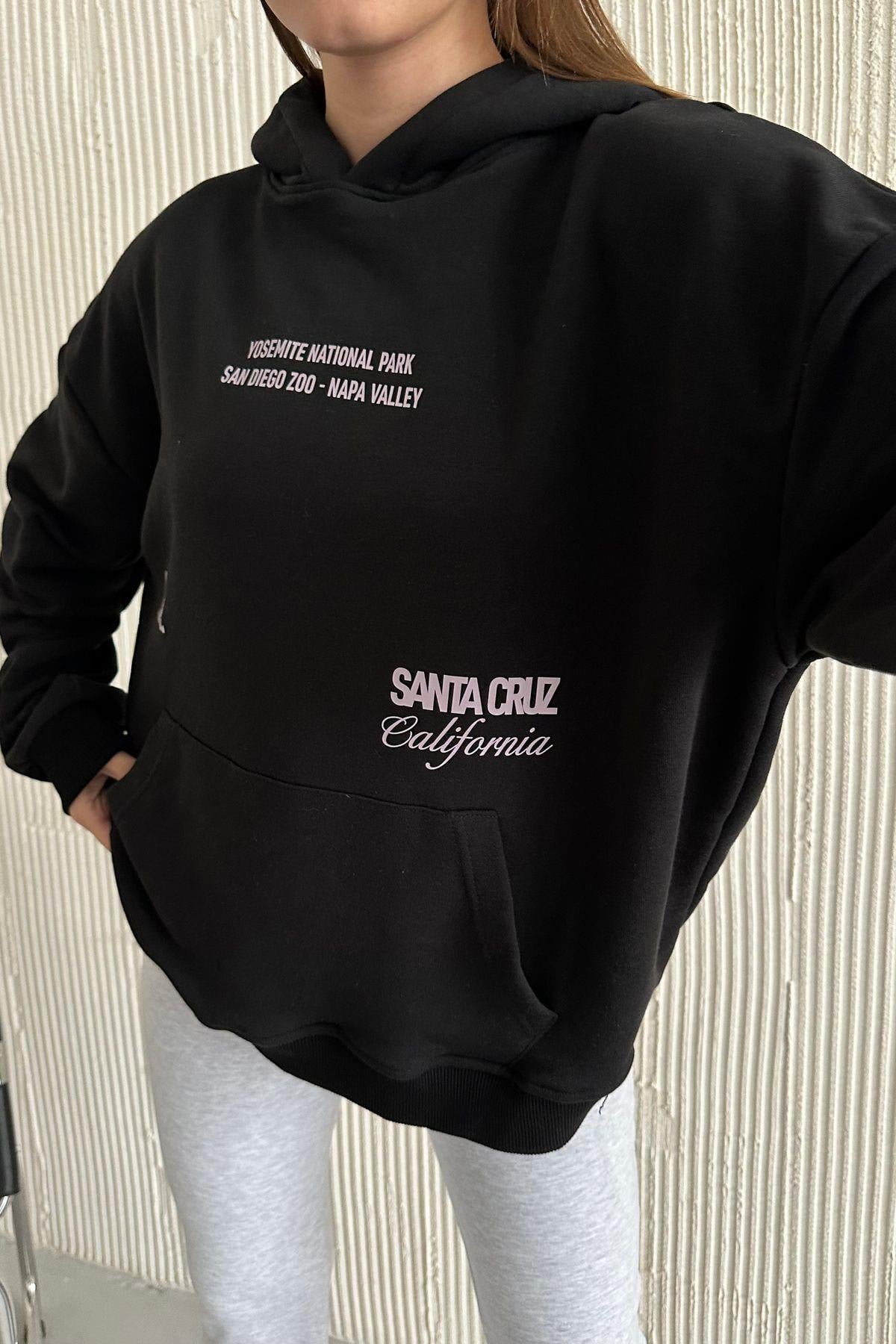 Oversize Kapüşonlu Baskılı Siyah Sweatshirt